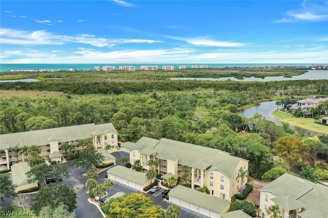 aerial view featuring a water view