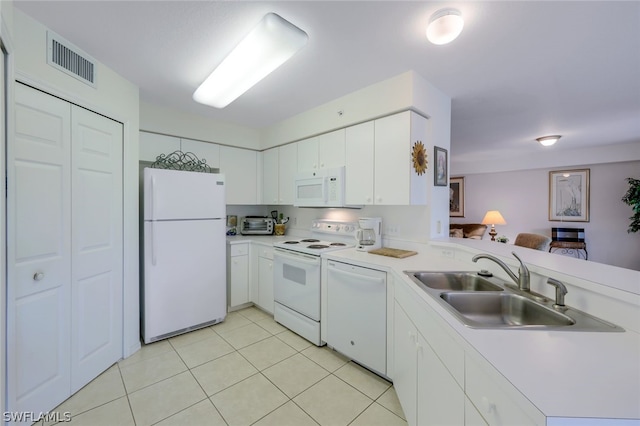 kitchen featuring kitchen peninsula, white appliances, light tile flooring, white cabinets, and sink