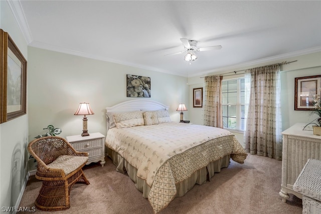 carpeted bedroom featuring ornamental molding and ceiling fan