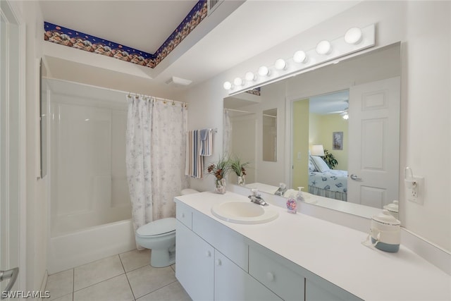 full bathroom with shower / bath combination with curtain, tile floors, large vanity, toilet, and ceiling fan