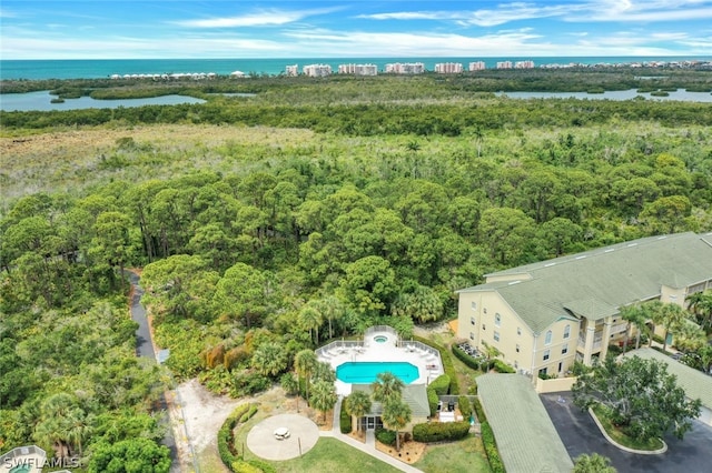 drone / aerial view featuring a water view