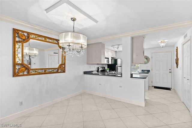 kitchen featuring decorative light fixtures, gray cabinets, stainless steel appliances, crown molding, and light tile flooring