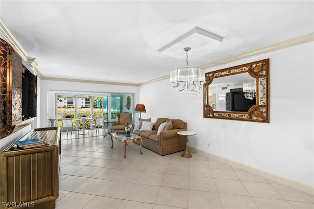 tiled living room featuring an inviting chandelier and crown molding