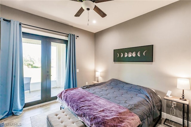 bedroom featuring access to exterior, ceiling fan, french doors, and light hardwood / wood-style floors