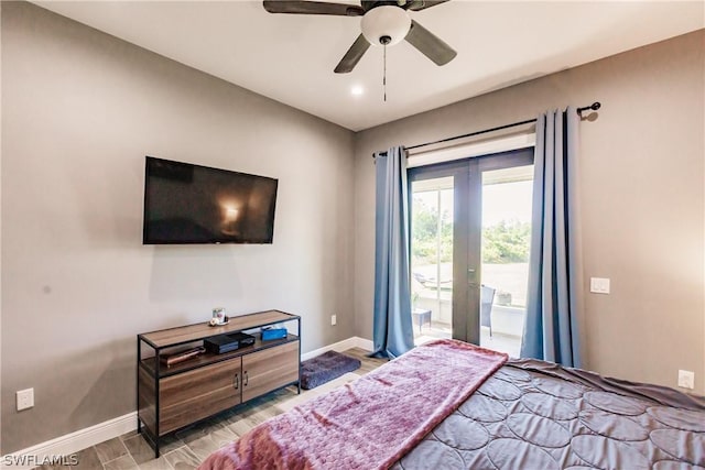 bedroom with ceiling fan, wood-type flooring, and french doors