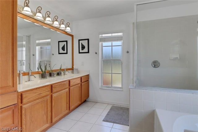 bathroom with tile patterned flooring, vanity, and plus walk in shower