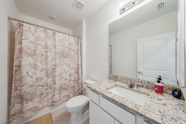 full bathroom with tile flooring, shower / bath combination with curtain, toilet, and large vanity