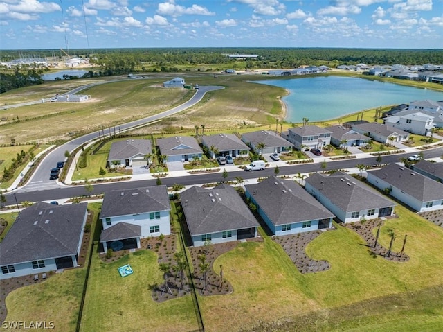 bird's eye view with a water view