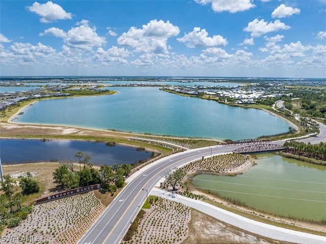 drone / aerial view with a water view