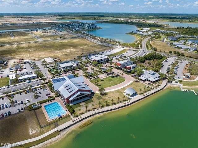 drone / aerial view featuring a water view