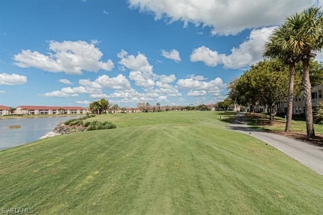 view of nearby features with a yard and a water view