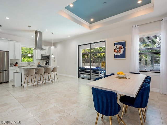 tiled dining area with a healthy amount of sunlight and a raised ceiling