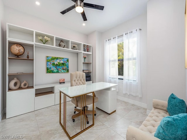 home office featuring ceiling fan and light tile floors