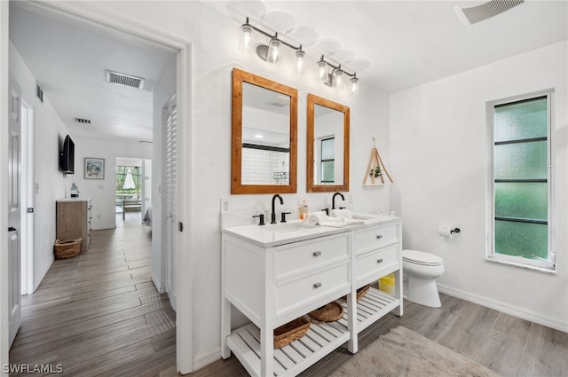 bathroom featuring toilet, double vanity, and hardwood / wood-style floors