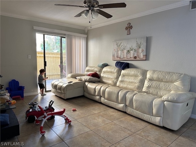 living room with ceiling fan, crown molding, and tile floors