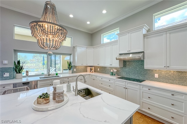 kitchen with sink, tasteful backsplash, a chandelier, and black electric stovetop