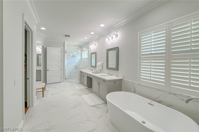 bathroom with crown molding, dual bowl vanity, a bathtub, and tile floors