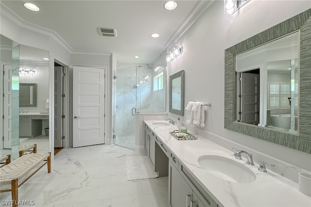 bathroom featuring walk in shower, double vanity, a healthy amount of sunlight, and tile flooring