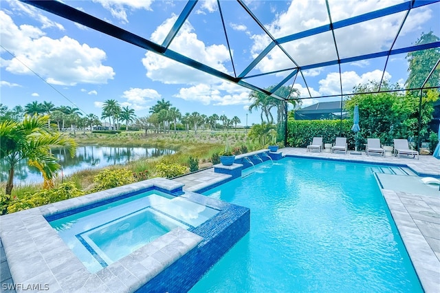 view of swimming pool featuring a patio, glass enclosure, an in ground hot tub, and pool water feature