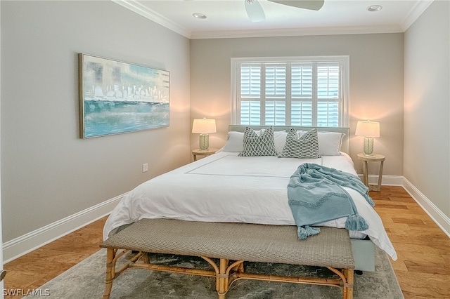 bedroom featuring hardwood / wood-style floors, ceiling fan, and ornamental molding