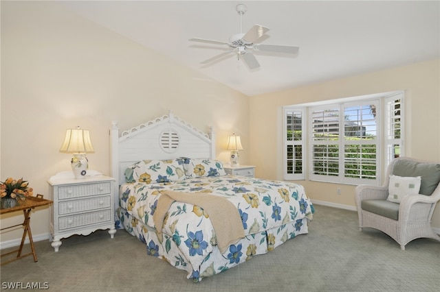 carpeted bedroom featuring lofted ceiling and ceiling fan