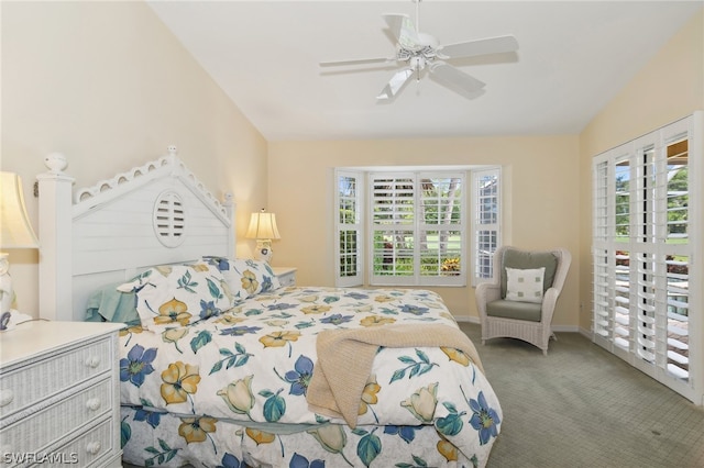 bedroom with ceiling fan, carpet, access to outside, and multiple windows