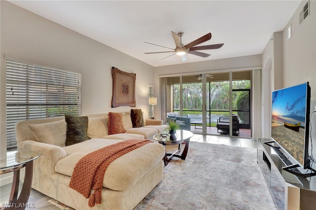 living room with ceiling fan