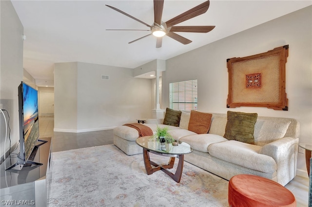 living room featuring ceiling fan