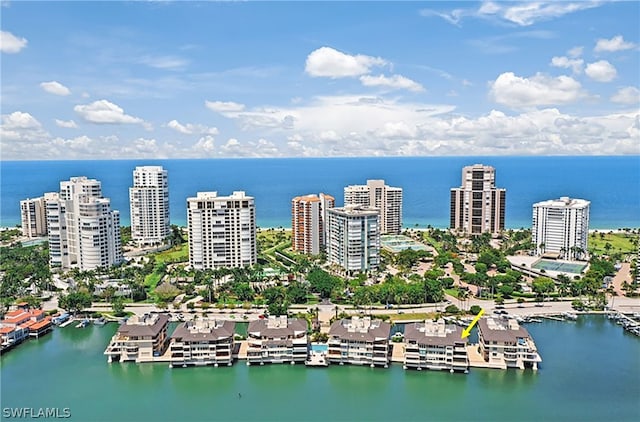 birds eye view of property with a water view