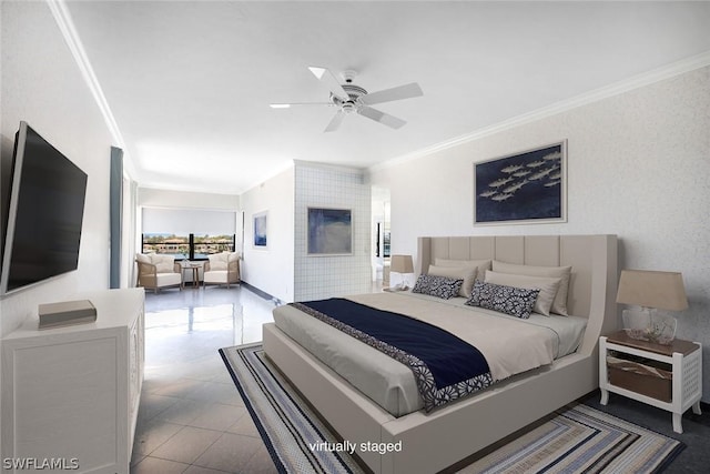 bedroom with crown molding and ceiling fan