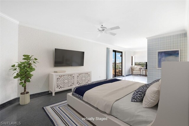 bedroom featuring ceiling fan and crown molding