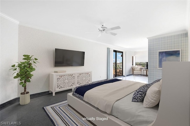 bedroom with crown molding and ceiling fan