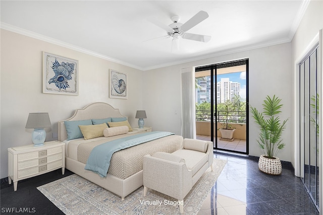 tiled bedroom with ceiling fan, access to exterior, and crown molding