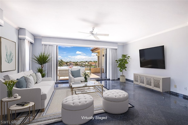 living room featuring ceiling fan and crown molding