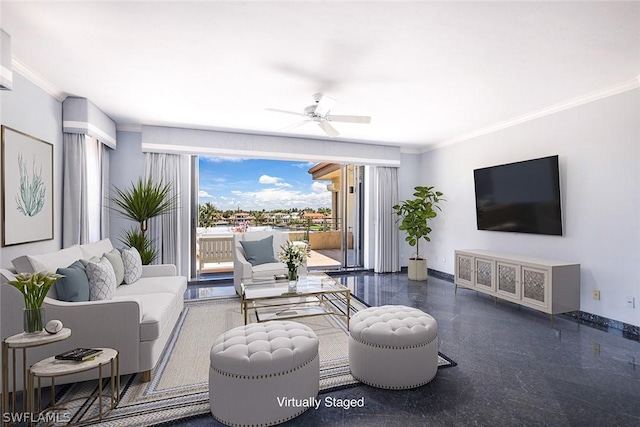 living room featuring ceiling fan and ornamental molding