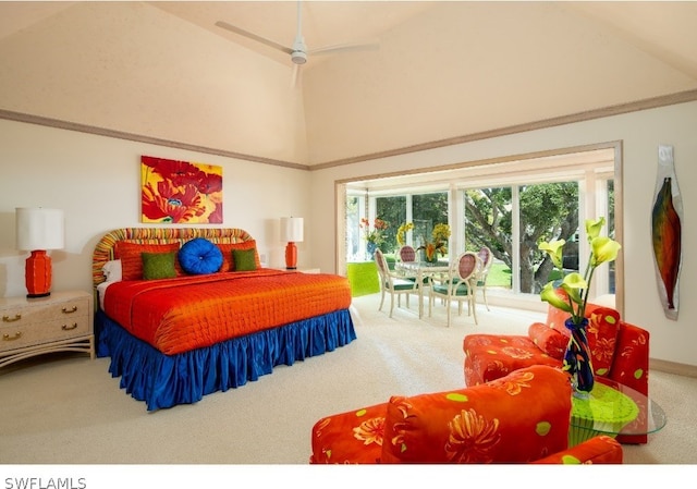 carpeted bedroom featuring high vaulted ceiling and ceiling fan