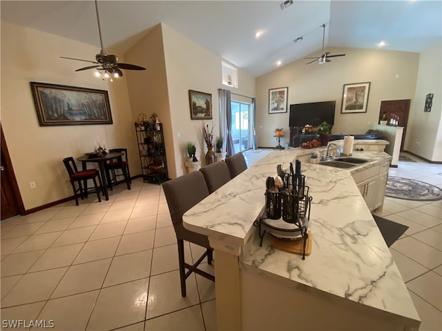 interior space featuring high vaulted ceiling, ceiling fan, and sink