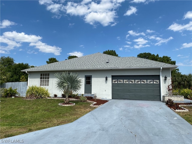 ranch-style home featuring a garage and a front lawn