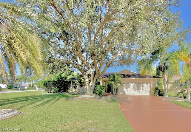 ranch-style home with a garage and a front yard