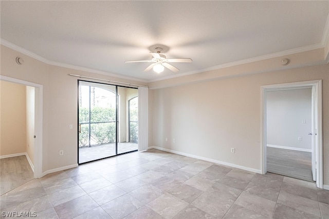 empty room with ceiling fan, crown molding, and light tile floors