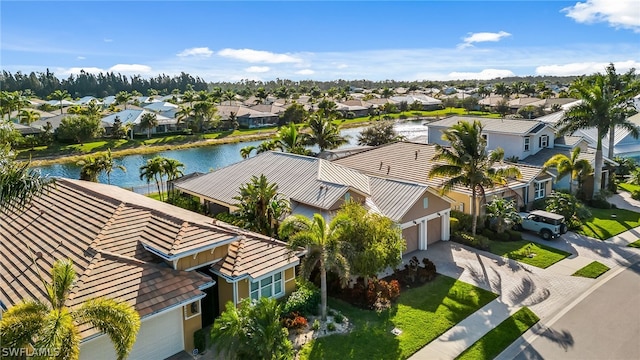 drone / aerial view featuring a water view