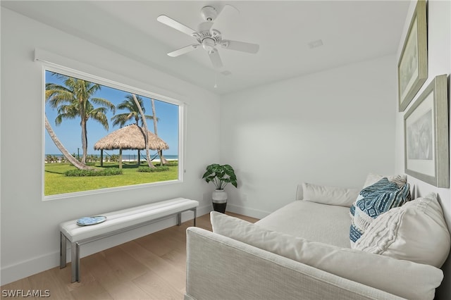 living room with hardwood / wood-style floors and ceiling fan