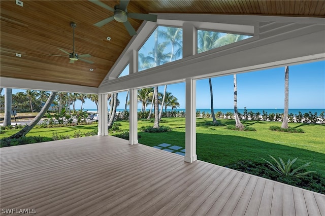 exterior space featuring a lawn, ceiling fan, and a water view