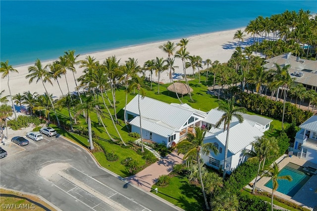 aerial view featuring a beach view and a water view