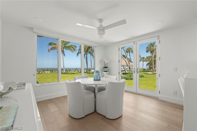 dining room with light hardwood / wood-style flooring, ceiling fan, and a wealth of natural light