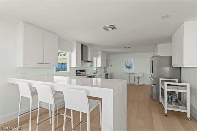 kitchen featuring kitchen peninsula, wall chimney exhaust hood, white cabinets, stainless steel range with electric stovetop, and light wood-type flooring