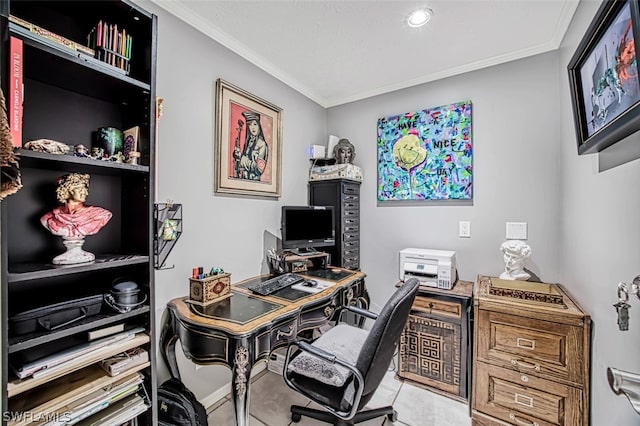 office with crown molding and light tile patterned floors