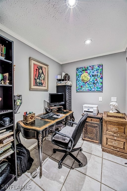 office with ornamental molding, tile patterned floors, and a textured ceiling