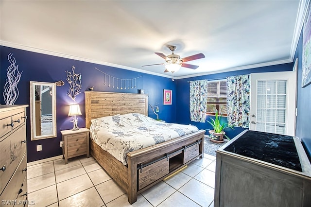 tiled bedroom featuring crown molding and ceiling fan