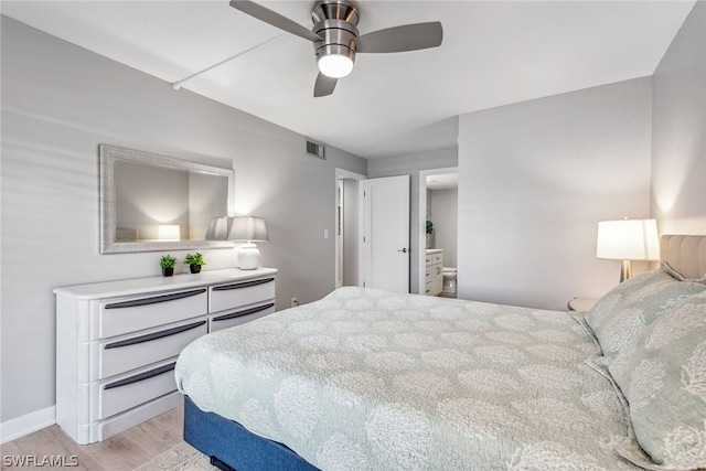 bedroom with light hardwood / wood-style flooring and ceiling fan